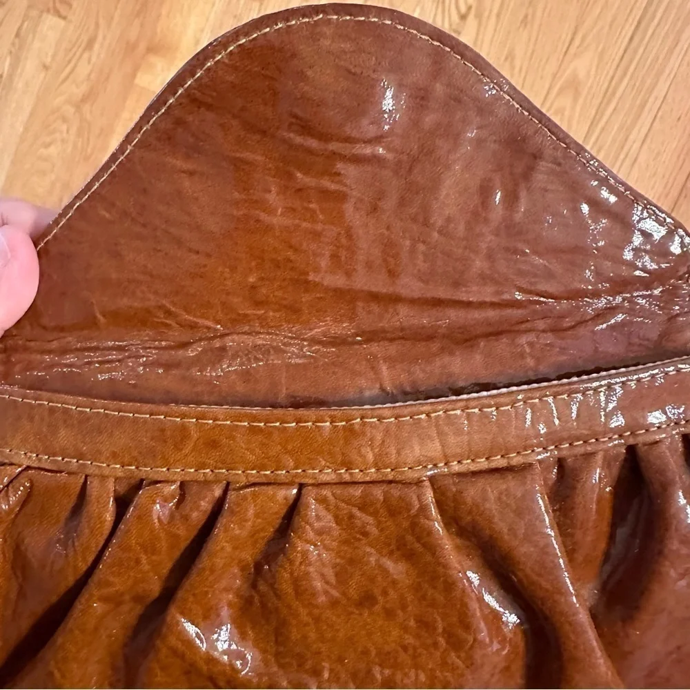 Lauren Merkin Caramel Cognac Brown Clutch Purse Envelope Closure Shiny Chic